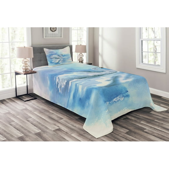 Ambesonne Animal Quilted Bedspread Set 2 Pcs, Swan in River Art, Twin Size, Blue White