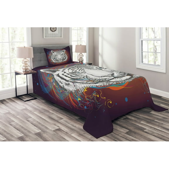 Ambesonne Animal Quilted Bedspread Set 2 Pcs, Tiger from Outer Space, Twin Size, Brown White and Black