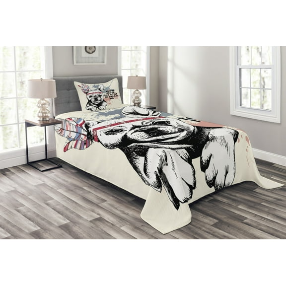 Ambesonne Animal Quilted Bedspread Set 2 Pcs, Tribal Feathers and Dog, Twin Size, White Black