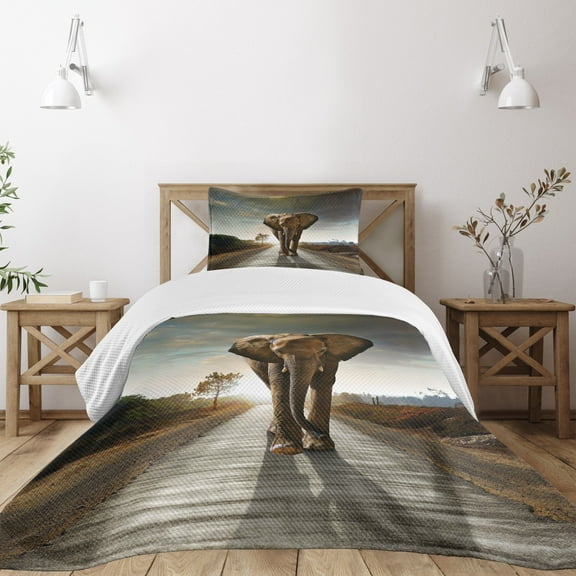 Ambesonne Animal Quilted Bedspread Set 2 Pcs, Walking down a Road, Twin Size, Multicolor