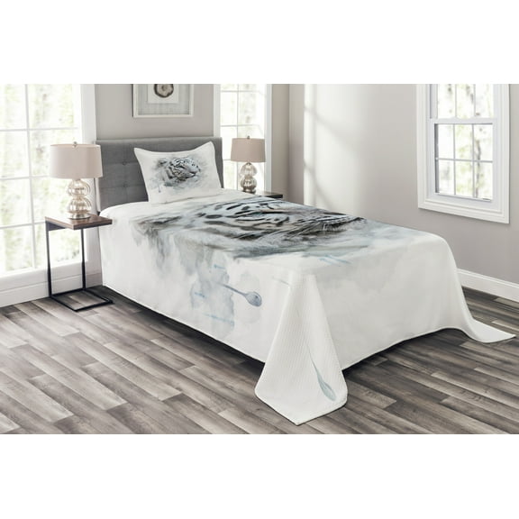 Ambesonne Animal Quilted Bedspread Set 2 Pcs, White Tiger Portrait, Twin Size, Black Grey White