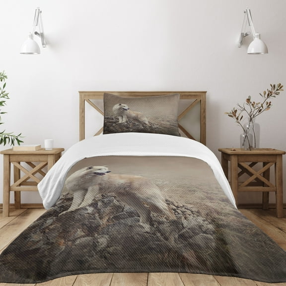 Ambesonne Animal Quilted Bedspread Set 2 Pcs, White Wolf on the Rocks, Twin Size, Warm Taupe