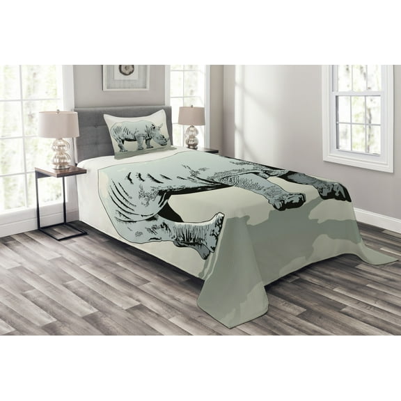 Ambesonne Animal Quilted Bedspread Set 2 Pcs, Wild Animal Pastel Design, Twin Size, Pale Green and Pale Blue