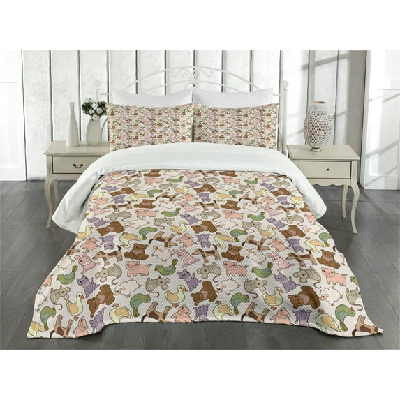 Ambesonne Animal Quilted Bedspread Set 3 Pcs, Abstract Farm Animals, King Size, Multicolor