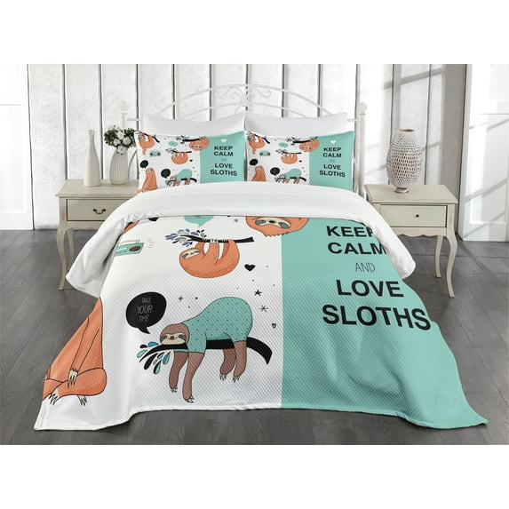 Ambesonne Animal Quilted Bedspread Set 3 Pcs, American Sloth Tribe, King Size, Multicolor