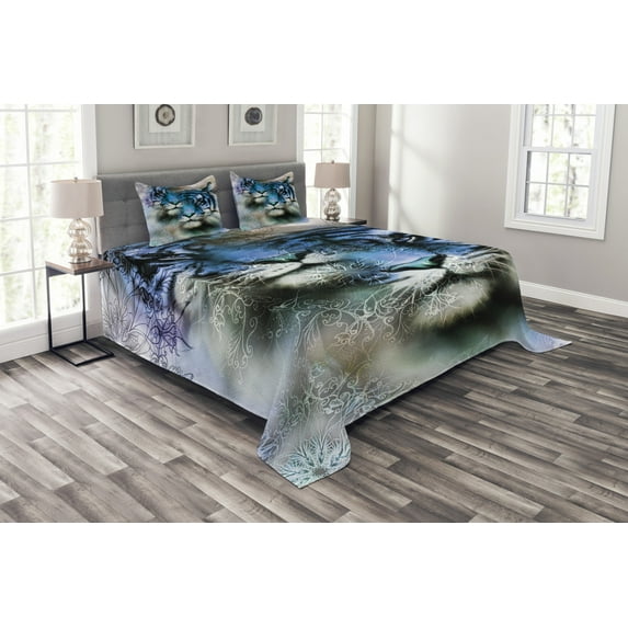 Ambesonne Animal Quilted Bedspread Set 3 Pcs, Blue Art Savannah Tigers, King Size, White Black Blue