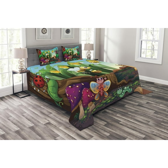 Ambesonne Animal Quilted Bedspread Set 3 Pcs, Butterfly Bee in Exotic, Queen Size, Multicolor