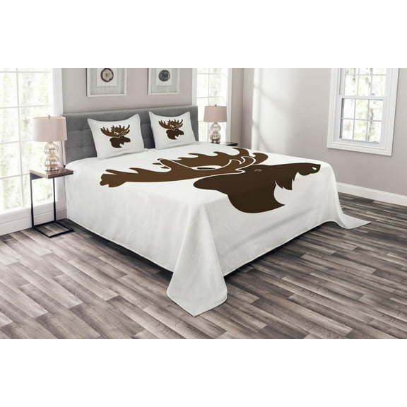 Ambesonne Animal Quilted Bedspread Set 3 Pcs, Canadian Deer Head, King Size, Green Brown Army Green