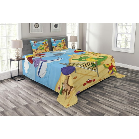 Ambesonne Animal Quilted Bedspread Set 3 Pcs, Cartoon Animals on Beach, King Size, Multicolor