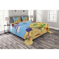 Ambesonne Animal Quilted Bedspread Set 3 Pcs, Cartoon Animals on Beach, Queen Size, Multicolor