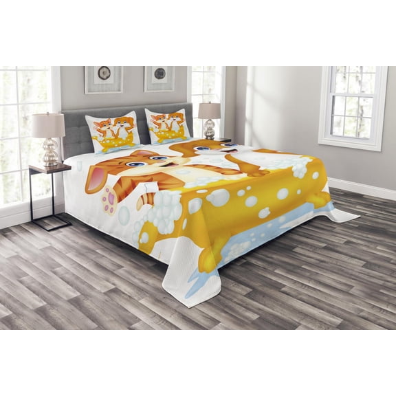 Ambesonne Animal Quilted Bedspread Set 3 Pcs, Cartoon Cat and Dog Bath, King Size, Yellow Brown Blue