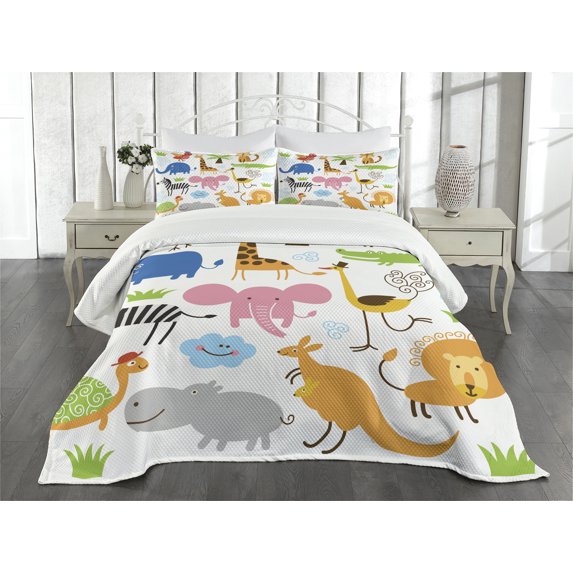 Ambesonne Animal Quilted Bedspread Set 3 Pcs, Cartoon Giraffe Zebra Turtle, King Size, Multicolor