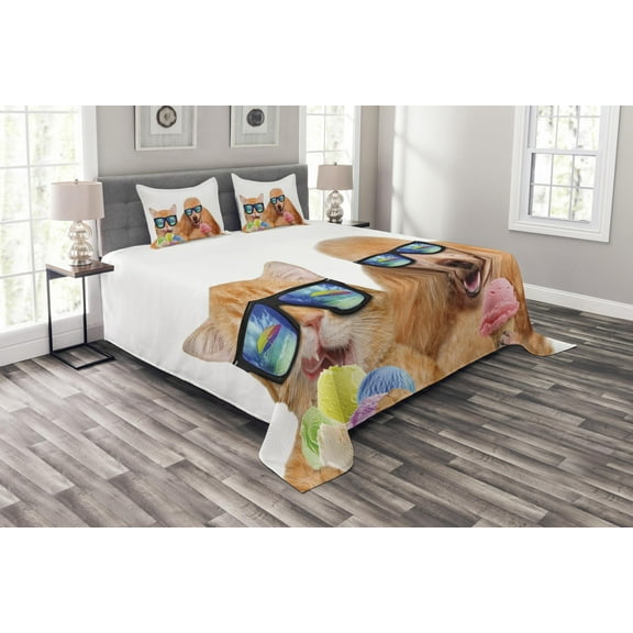 Ambesonne Animal Quilted Bedspread Set 3 Pcs, Cat Dog with Ice Cream, Queen Size, Multicolor