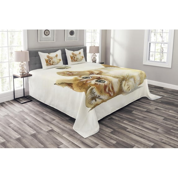 Ambesonne Animal Quilted Bedspread Set 3 Pcs, Cat Playing with Feather, King Size, Apricot Cream White