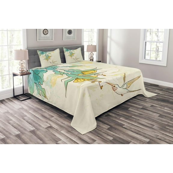 Ambesonne Animal Quilted Bedspread Set 3 Pcs, Colibri Exotic Plant, King Size, Teal Yellow