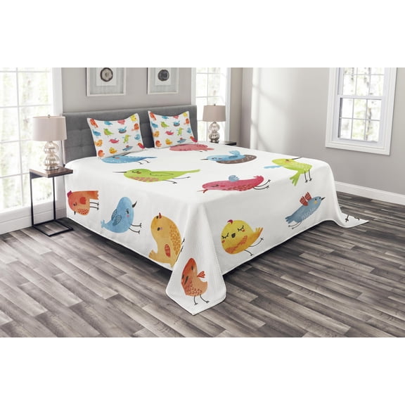 Ambesonne Animal Quilted Bedspread Set 3 Pcs, Colorful Humor Bird, King Size, Multicolor