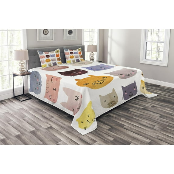 Ambesonne Animal Quilted Bedspread Set 3 Pcs, Colorful Humor Fun Cat, Queen Size, Multicolor