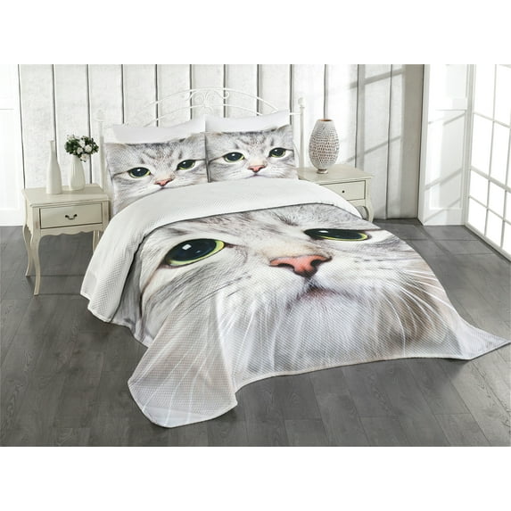 Ambesonne Animal Quilted Bedspread Set 3 Pcs, Domestic Kitty Portrait, King Size, Multicolor
