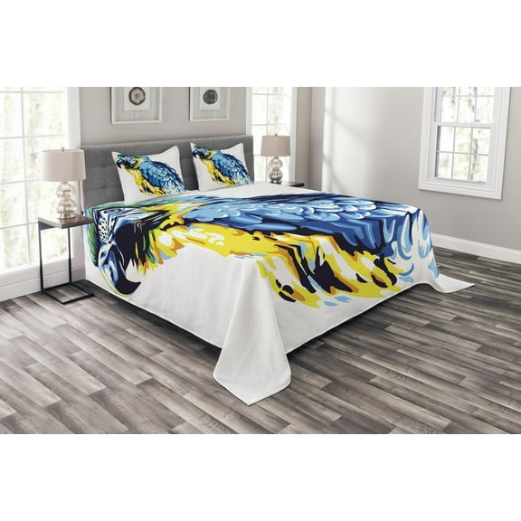 Ambesonne Animal Quilted Bedspread Set 3 Pcs, Exotic Parrot Painting, King Size, Pale Blue Navy Blue