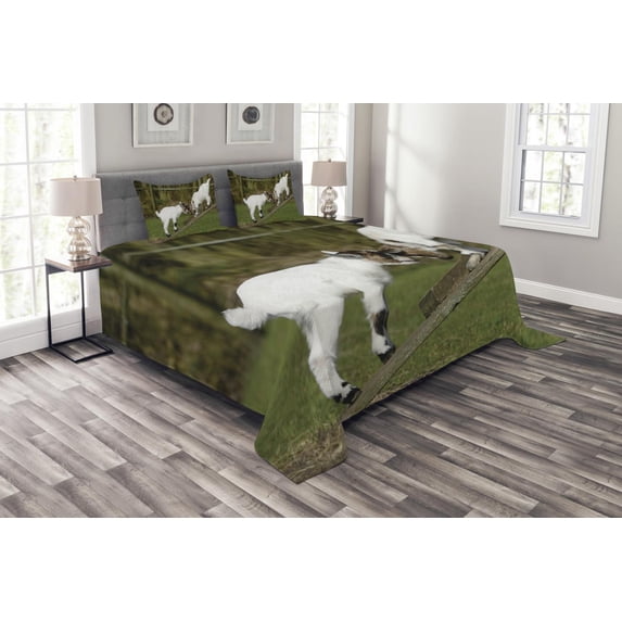 Ambesonne Animal Quilted Bedspread Set 3 Pcs, Farm Life with Goats, King Size, White Green