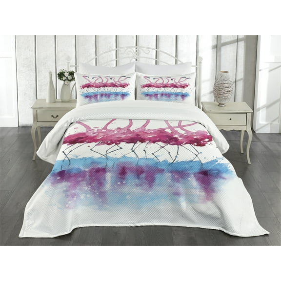 Ambesonne Animal Quilted Bedspread Set 3 Pcs, Flamingo and Bird, King Size, Pink Blue Purple