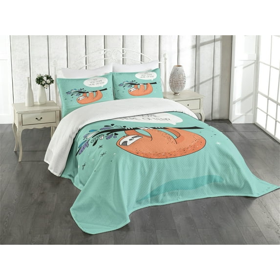 Ambesonne Animal Quilted Bedspread Set 3 Pcs, Flirty Sloth Cartoon, Queen Size, Multicolor