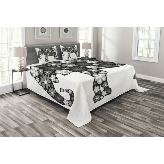 Ambesonne Animal Quilted Bedspread Set 3 Pcs, Floral Pattern, Queen Size, Grey White