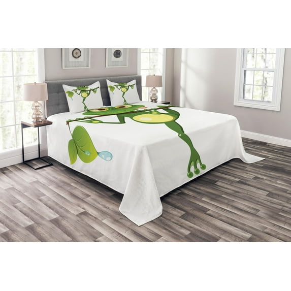 Ambesonne Animal Quilted Bedspread Set 3 Pcs, Frog on Branch Jungle, Queen Size, Green White Yellow