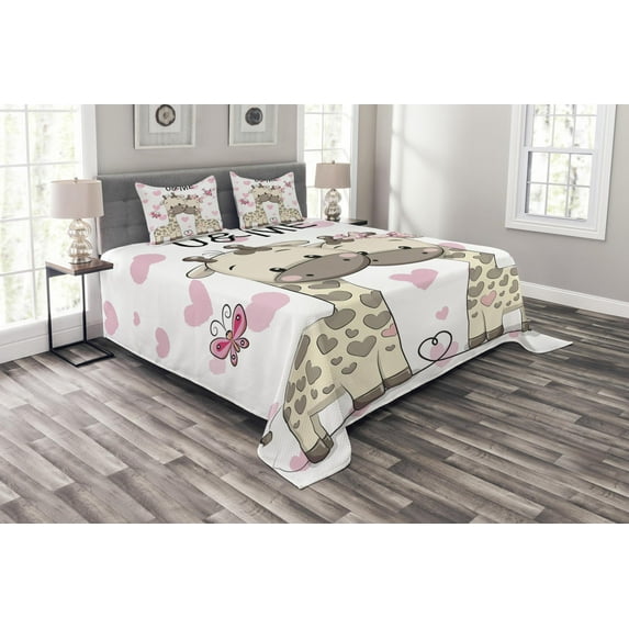 Ambesonne Animal Quilted Bedspread Set 3 Pcs, Giraffes and Hearts, King Size, White Grey Pink