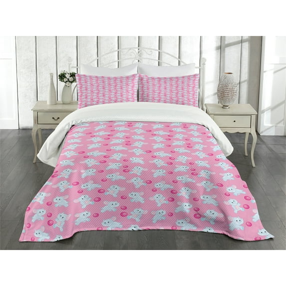 Ambesonne Animal Quilted Bedspread Set 3 Pcs, Girly Happy Animals, King Size, Pale Blue Pink