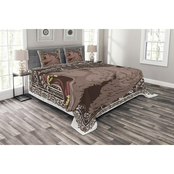 Ambesonne Animal Quilted Bedspread Set 3 Pcs, Growling Grizzly Bear, Queen Size, Brown and White