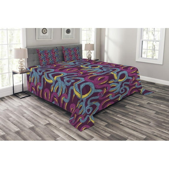 Ambesonne Animal Quilted Bedspread Set 3 Pcs, Hand Drawn Art Snakes, King Size, Plum Blue Yellow
