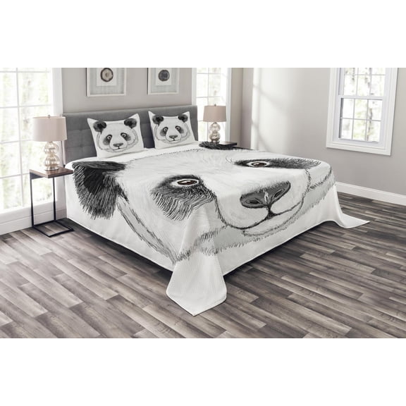 Ambesonne Animal Quilted Bedspread Set 3 Pcs, Hand Drawn Panda, King Size, Lime Green White