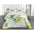 thumbnail image 1 of Ambesonne Animal Quilted Bedspread Set 3 Pcs, Hibiscus with Wild Birds, Queen Size, White Yellow Green, 1 of 3