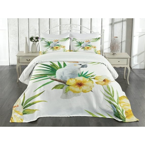 Ambesonne Animal Quilted Bedspread Set 3 Pcs, Hibiscus with Wild Birds, Queen Size, White Yellow Green