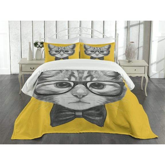 Ambesonne Animal Quilted Bedspread Set 3 Pcs, Hipster Kitten Cat, King Size, Mustard Grey