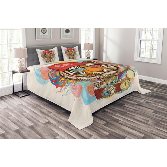 Ambesonne Animal Quilted Bedspread Set 3 Pcs, Hipster Tiger Sunglasses, King Size, Multicolor
