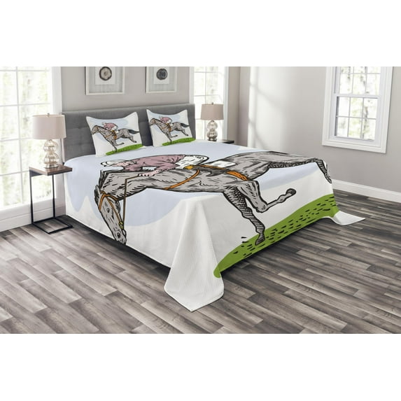 Ambesonne Animal Quilted Bedspread Set 3 Pcs, Horse Racing Sketch, Queen Size, Multicolor
