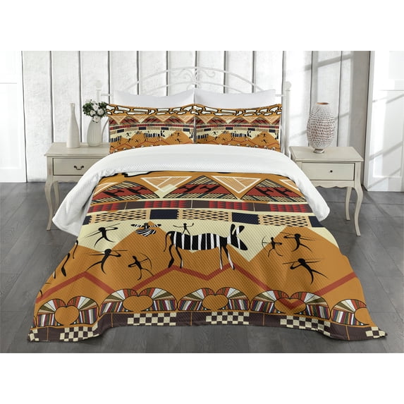 Ambesonne Animal Quilted Bedspread Set 3 Pcs, Hunt Zebra Tribe Ethnic, King Size, Ruby Mustard