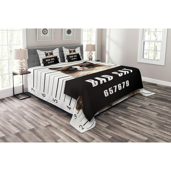 Ambesonne Animal Quilted Bedspread Set 3 Pcs, Jail Kitty Under Arrest, King Size, Brown Black White