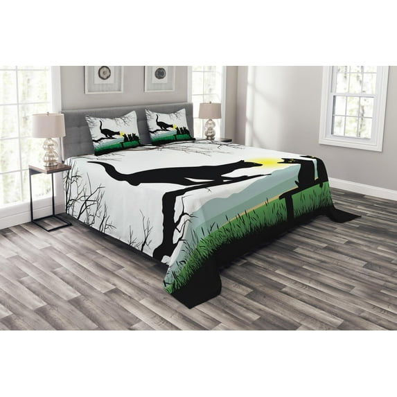Ambesonne Animal Quilted Bedspread Set 3 Pcs, Mother Cat Kittens, Queen Size, Multicolor