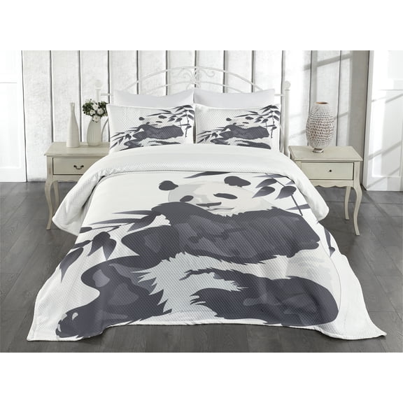 Ambesonne Animal Quilted Bedspread Set 3 Pcs, Panda in Zoo Chinese, King Size, Cadet Blue White