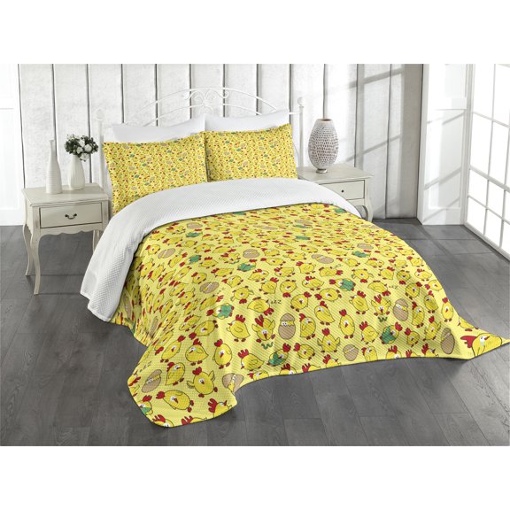 Ambesonne Animal Quilted Bedspread Set 3 Pcs, Poultry Hatching, King Size, Multicolor