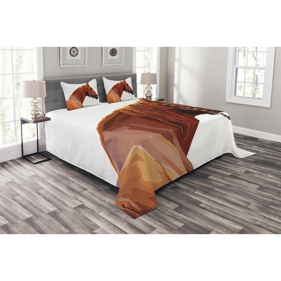 Ambesonne Animal Quilted Bedspread Set 3 Pcs, Race Jokey Horse Nature, King Size, White and Cinnamon