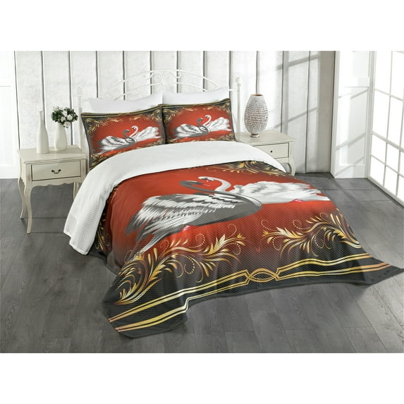 Ambesonne Animal Quilted Bedspread Set 3 Pcs, Romantic Swan Couple, King Size, Multicolor