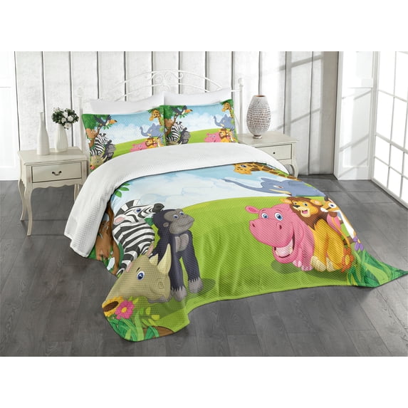 Ambesonne Animal Quilted Bedspread Set 3 Pcs, Savannah Animals Cartoon, Queen Size, Multicolor