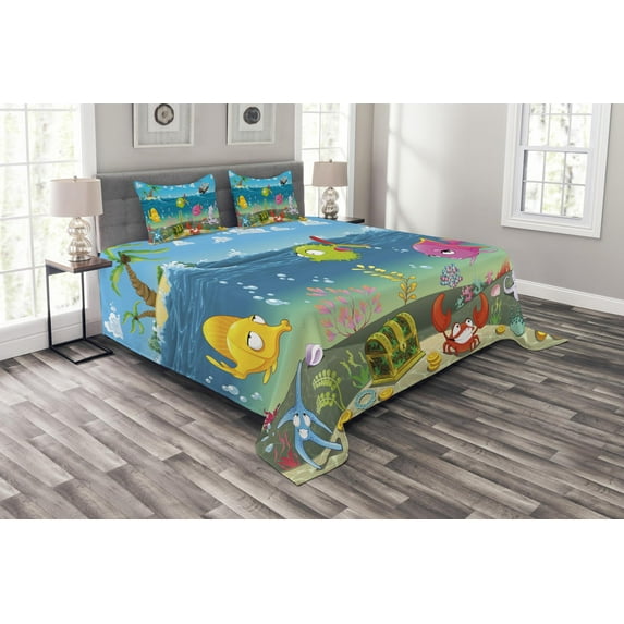 Ambesonne Animal Quilted Bedspread Set 3 Pcs, Sea Animals Underwater, King Size, Multicolor