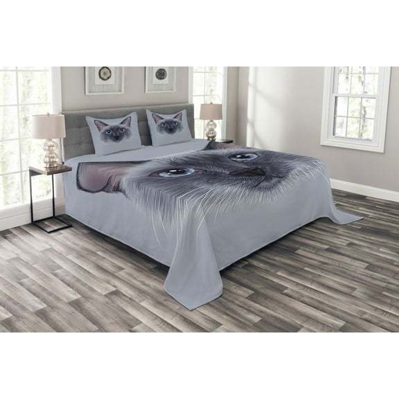 Ambesonne Animal Quilted Bedspread Set 3 Pcs, Siamese Cat Portrait, King Size, White Sky Blue and Grey