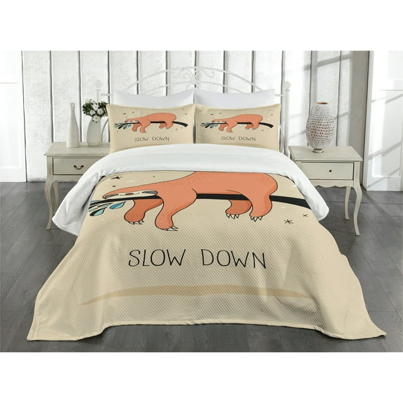 Ambesonne Animal Quilted Bedspread Set 3 Pcs, Sleepy Sloth Cartoon, King Size, Multicolor
