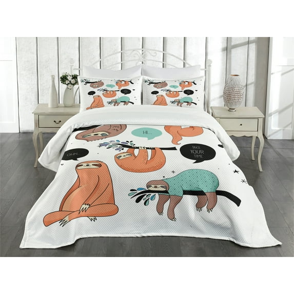 Ambesonne Animal Quilted Bedspread Set 3 Pcs, Smiling Sloth Cartoon, King Size, Multicolor